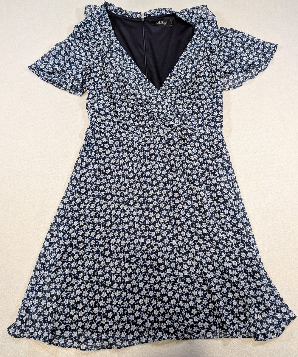 Lauren Ralph Lauren Dress Medium Blue Floral Fit & Flare V Neck Flutter Lined